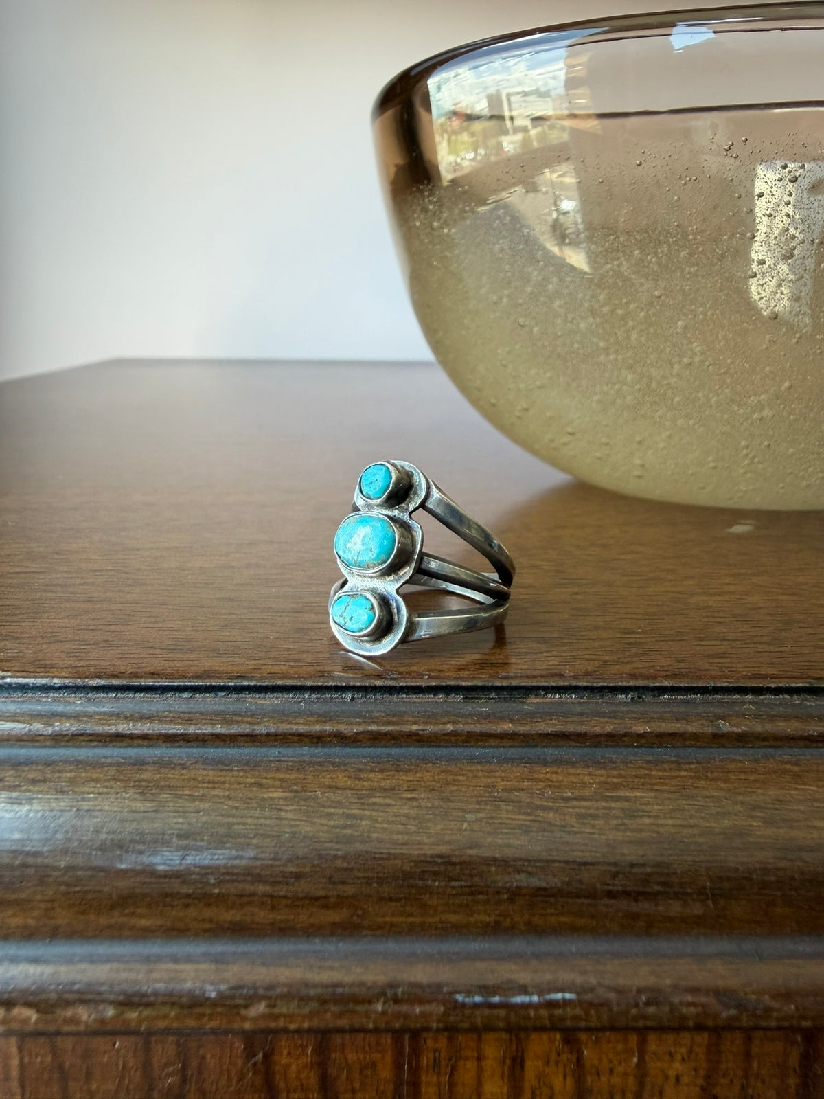 Early Navajo Silver and Three-Stone Turquoise Ring