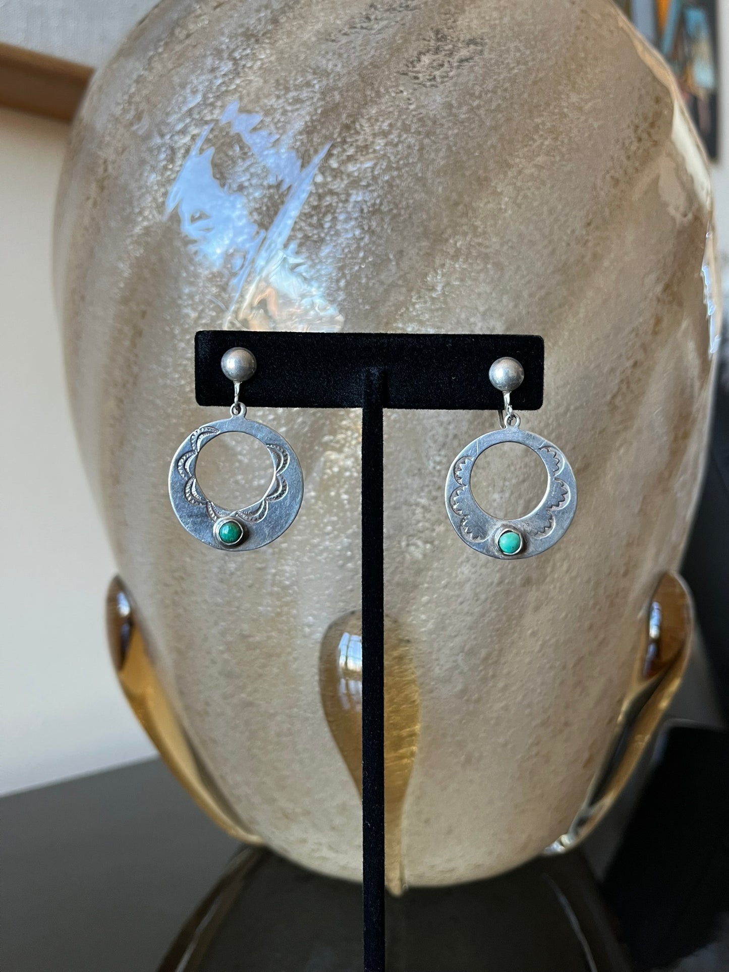 Early Navajo Stamped Silver and Turquoise Earrings