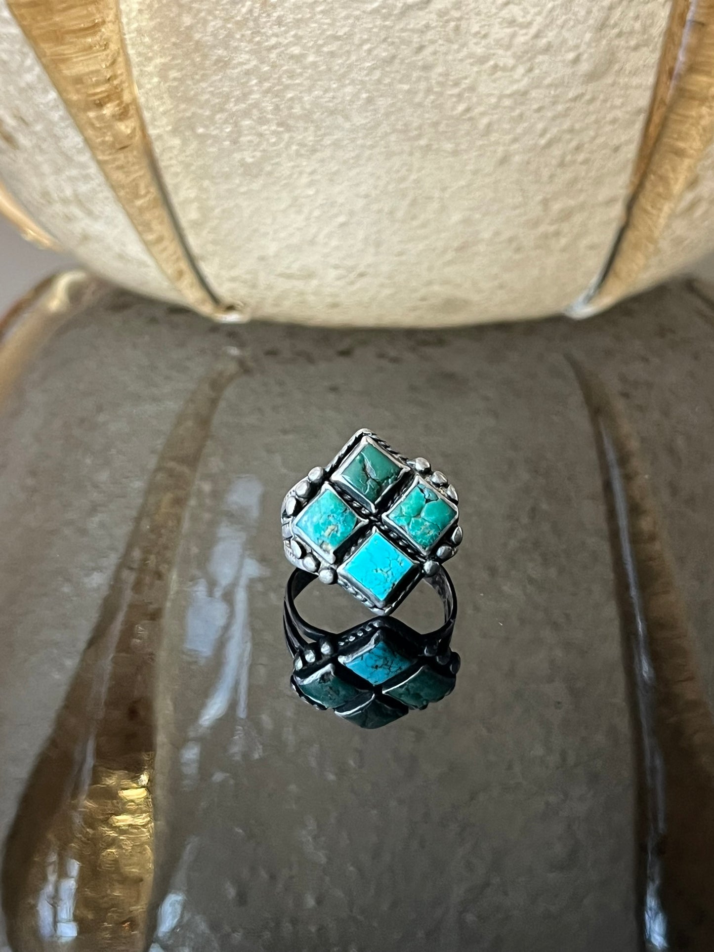 Early Navajo Ring with Four Square Turquoise