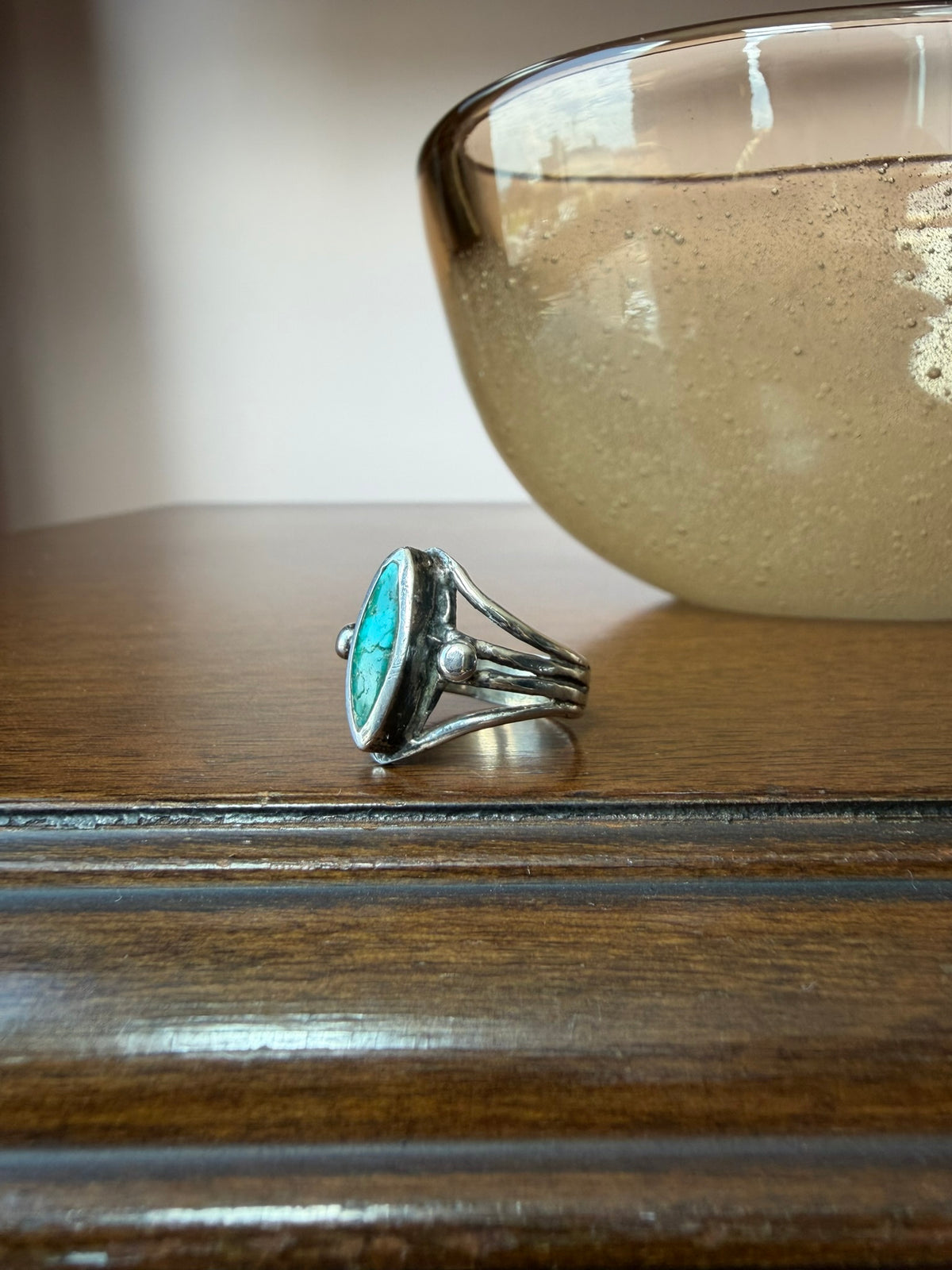 Early Navajo Cast Silver Ring with Marquise Turquoise