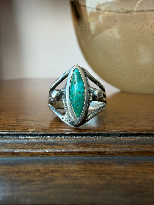 Early Navajo Cast Silver Ring with Marquise Turquoise