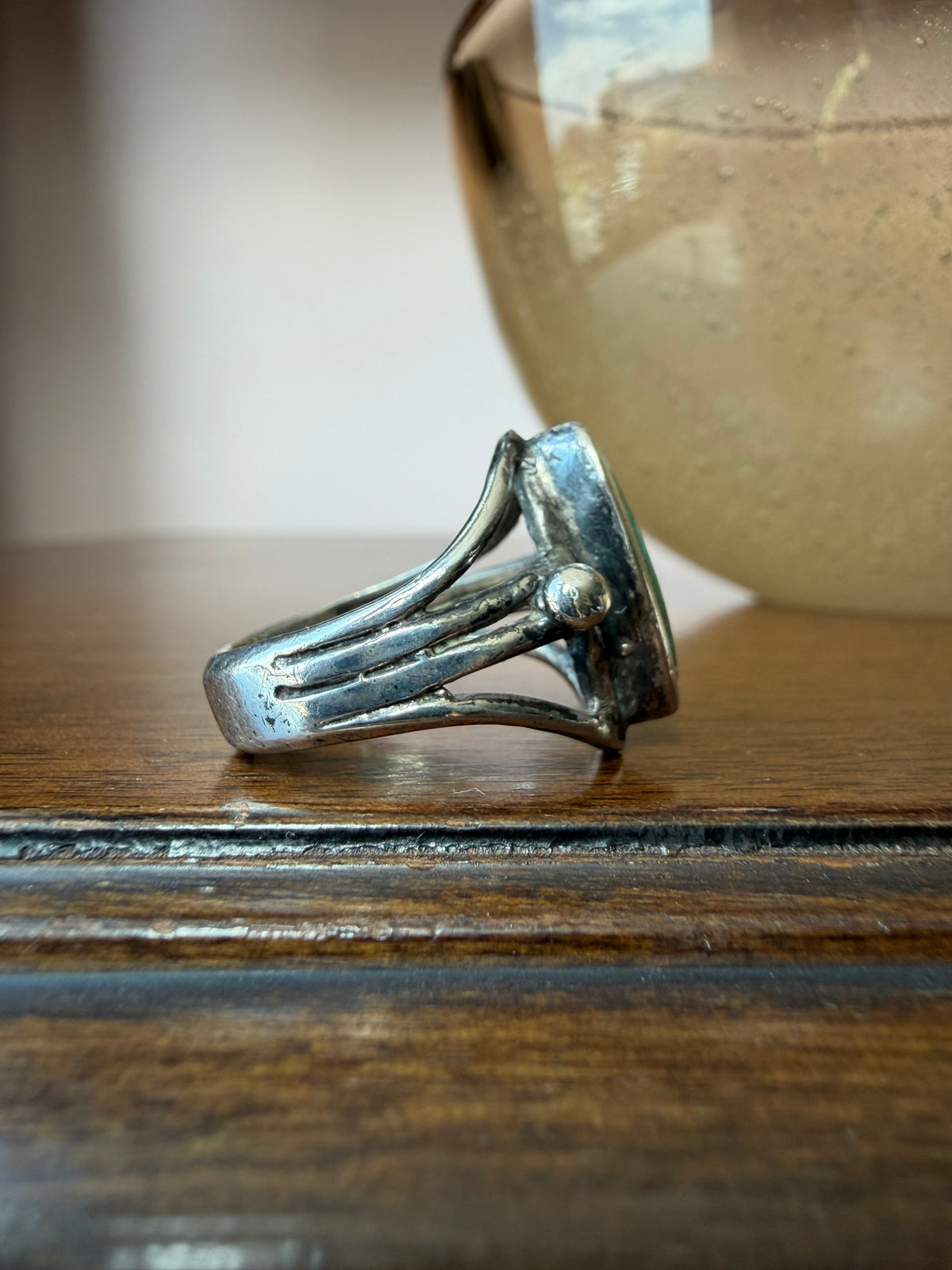 Early Navajo Cast Silver Ring with Marquise Turquoise