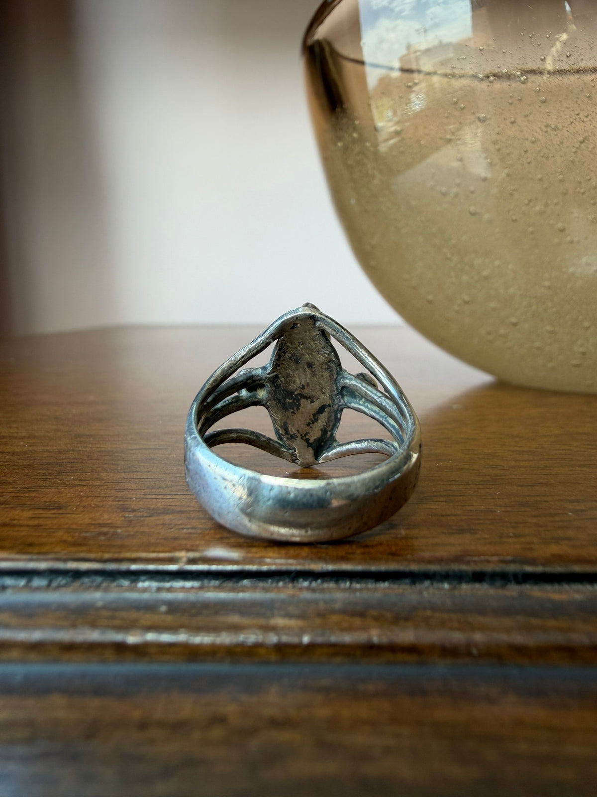 Early Navajo Cast Silver Ring with Marquise Turquoise