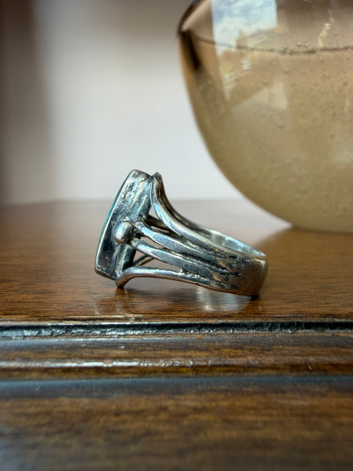 Early Navajo Cast Silver Ring with Marquise Turquoise