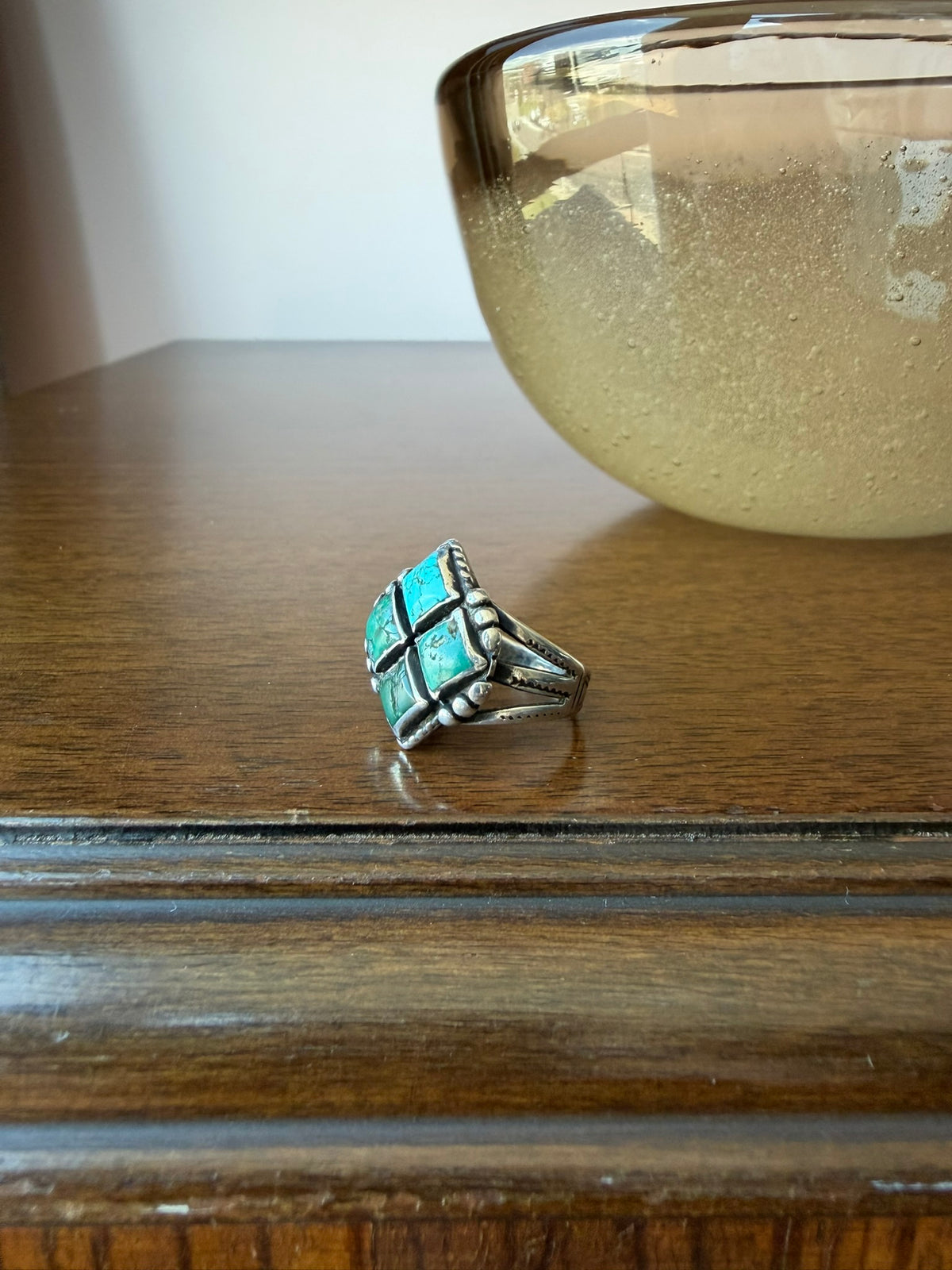Early Navajo Ring with Four Square Turquoise
