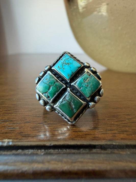 Early Navajo Ring with Four Square Turquoise