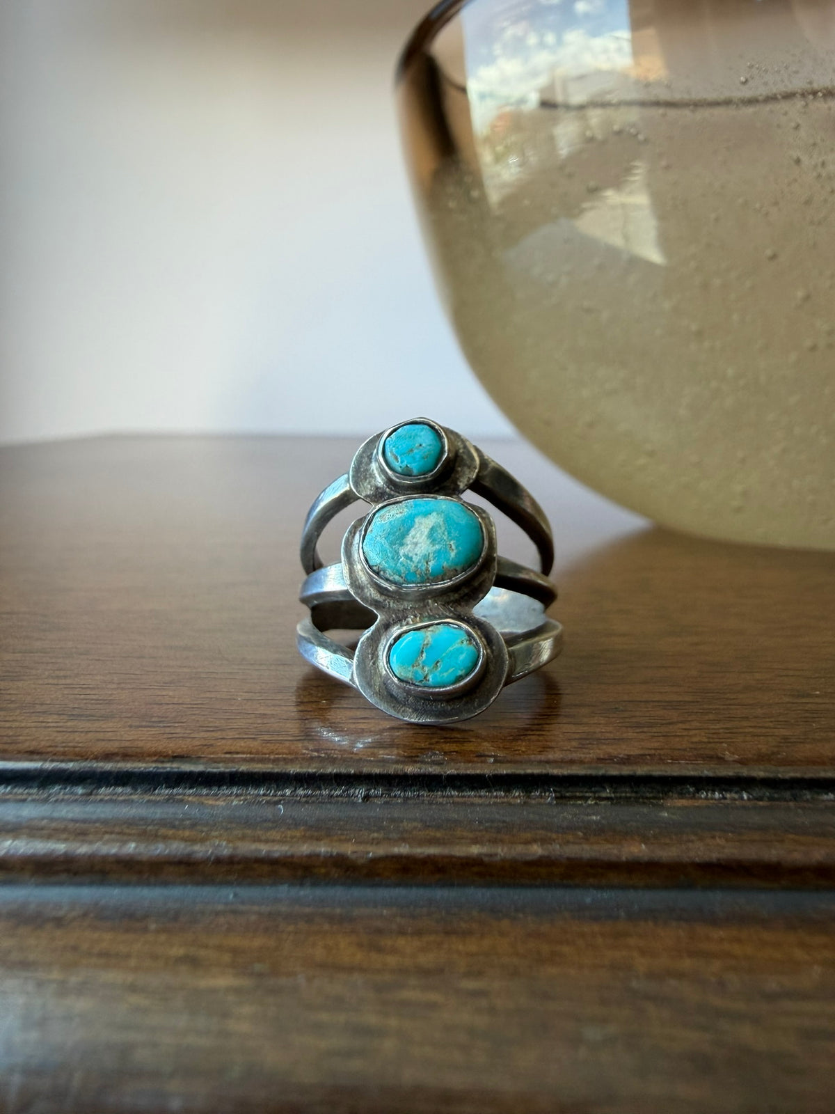 Early Navajo Silver and Three-Stone Turquoise Ring