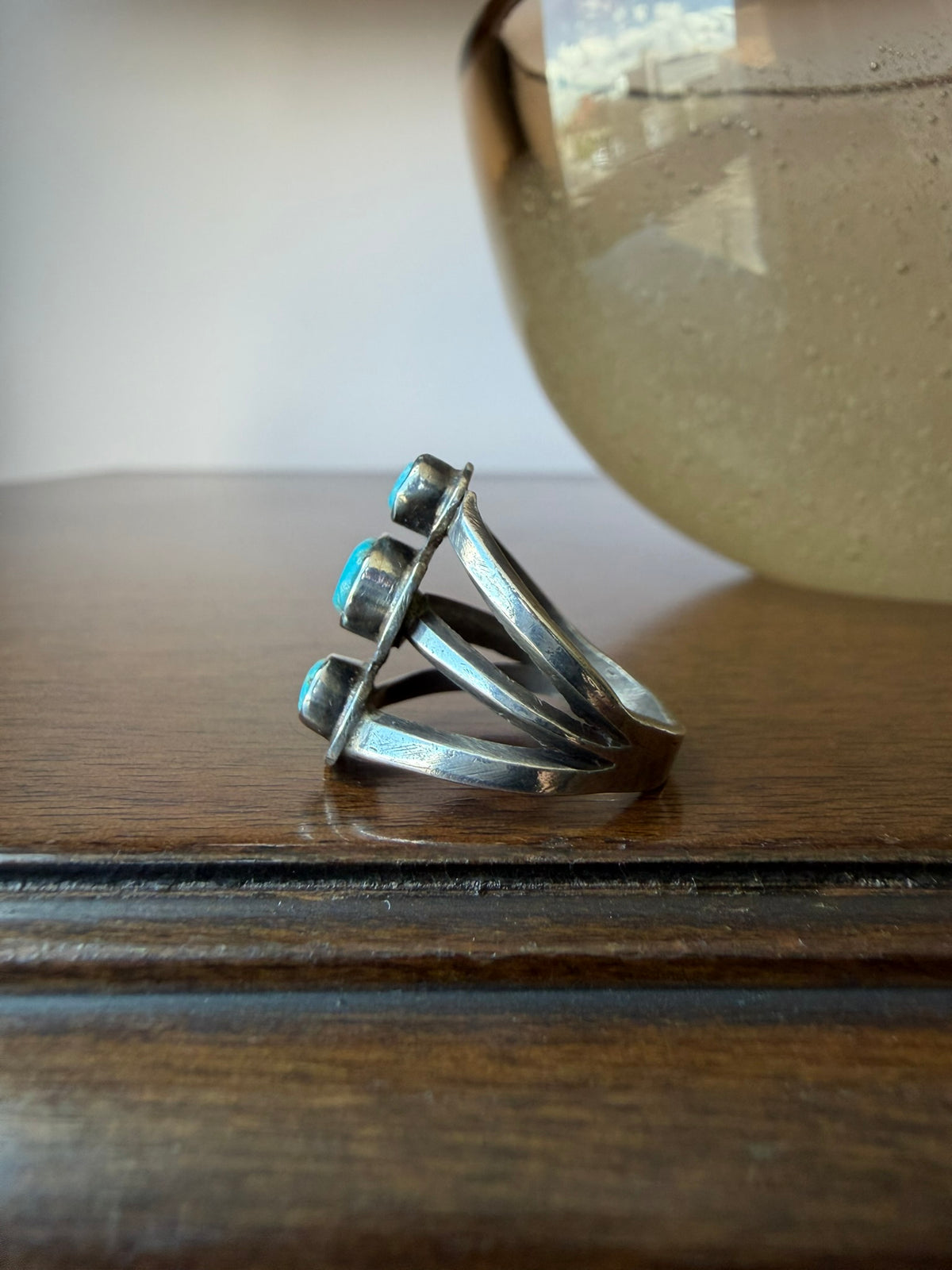 Early Navajo Silver and Three-Stone Turquoise Ring