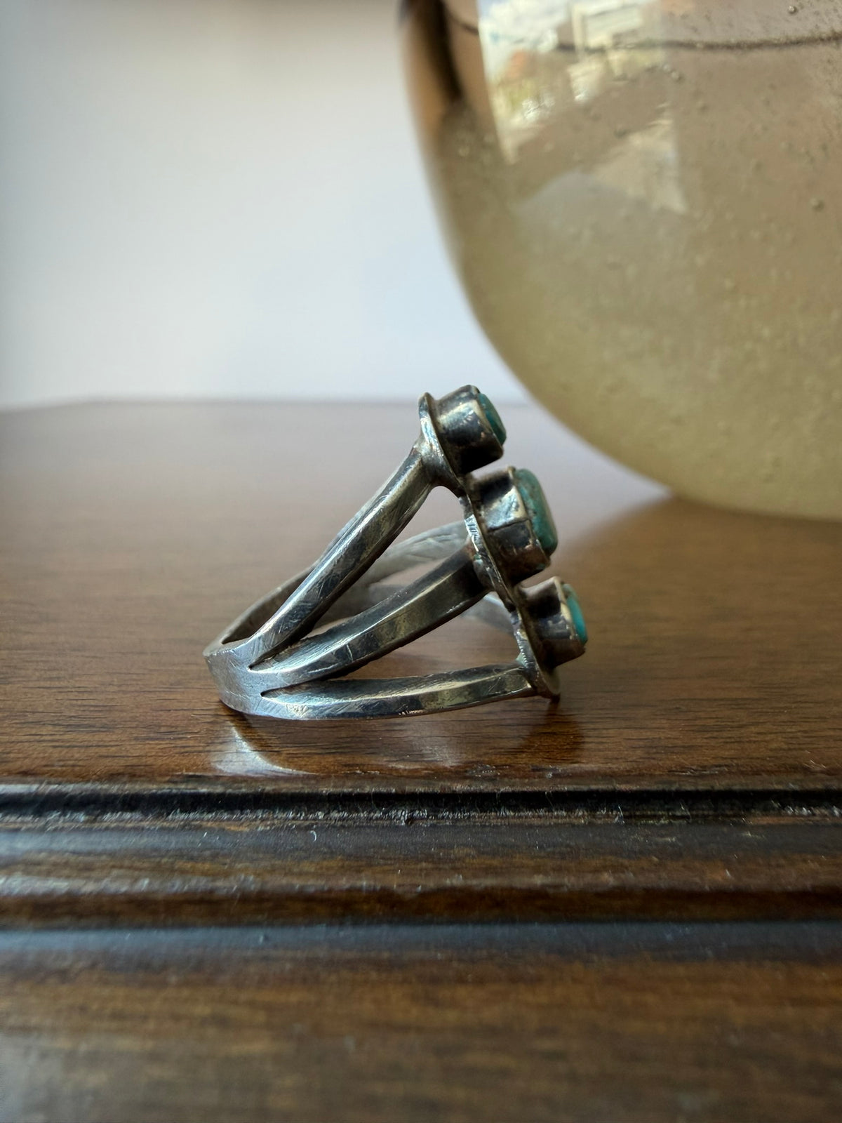 Early Navajo Silver and Three-Stone Turquoise Ring