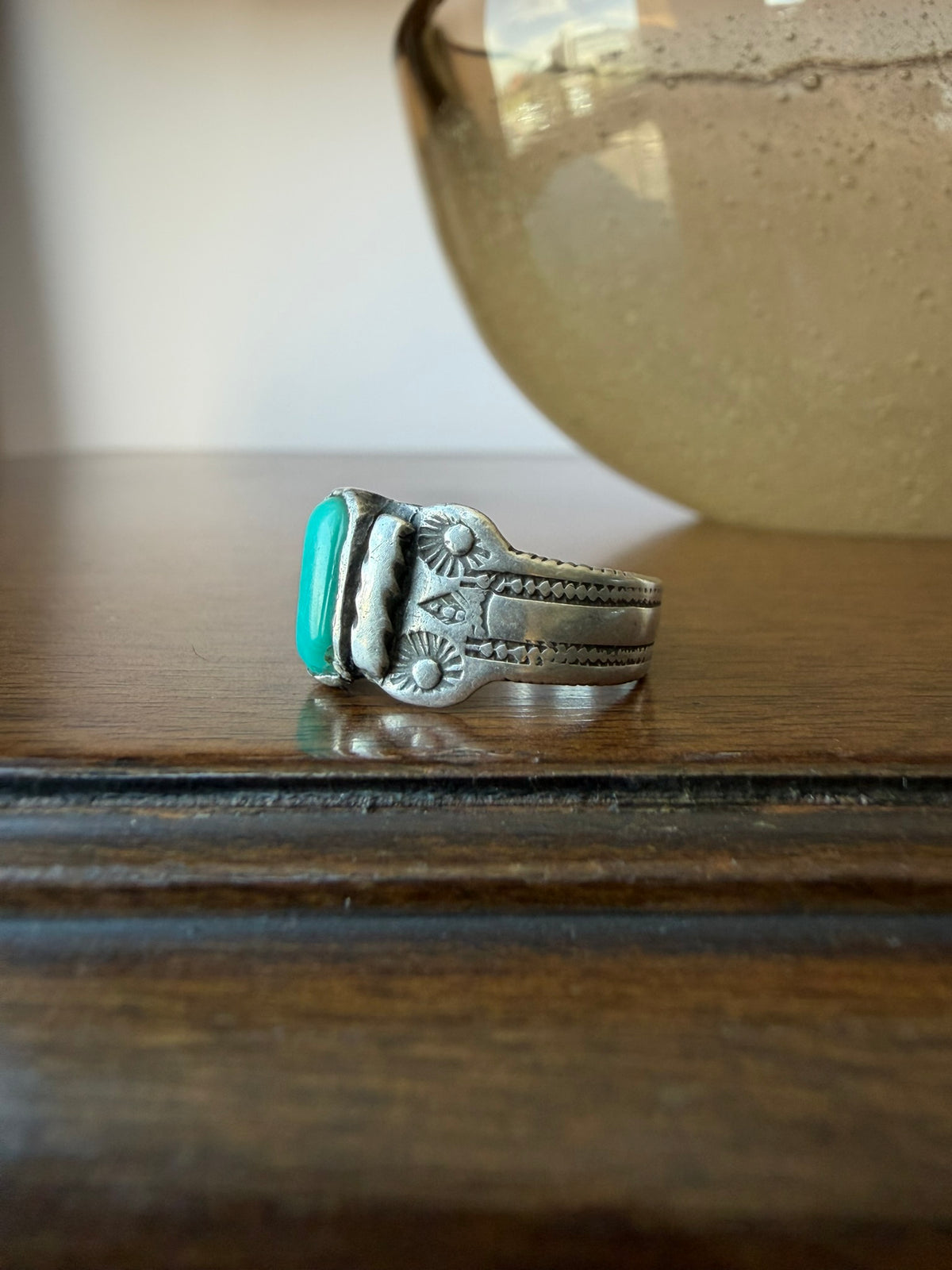 Navajo Silver Ring with Early Stamps and Turquoise