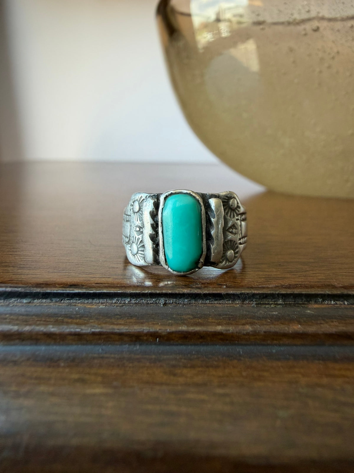 Navajo Silver Ring with Early Stamps and Turquoise