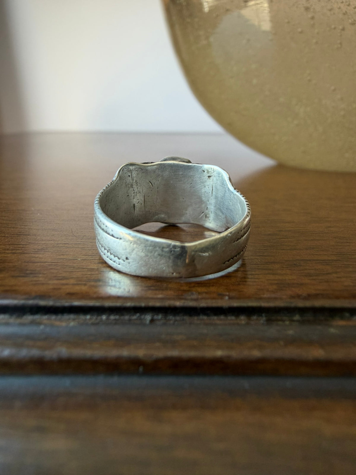 Navajo Silver Ring with Early Stamps and Turquoise