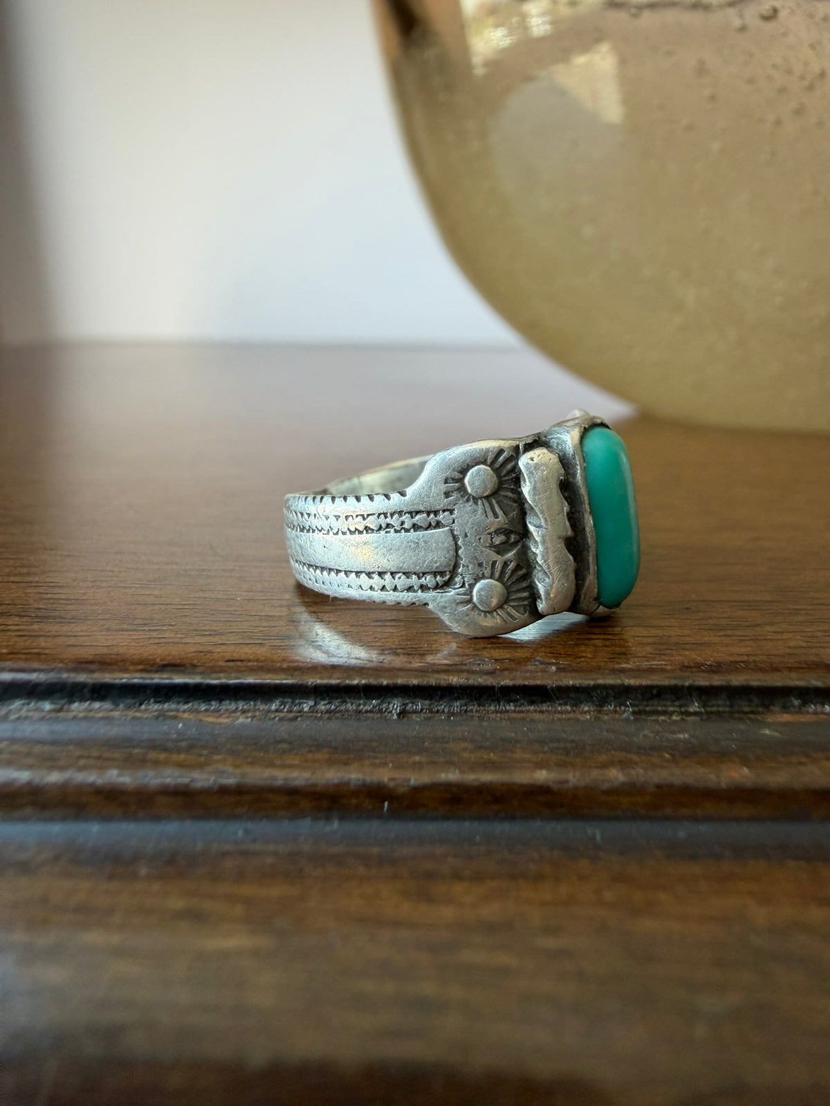 Navajo Silver Ring with Early Stamps and Turquoise