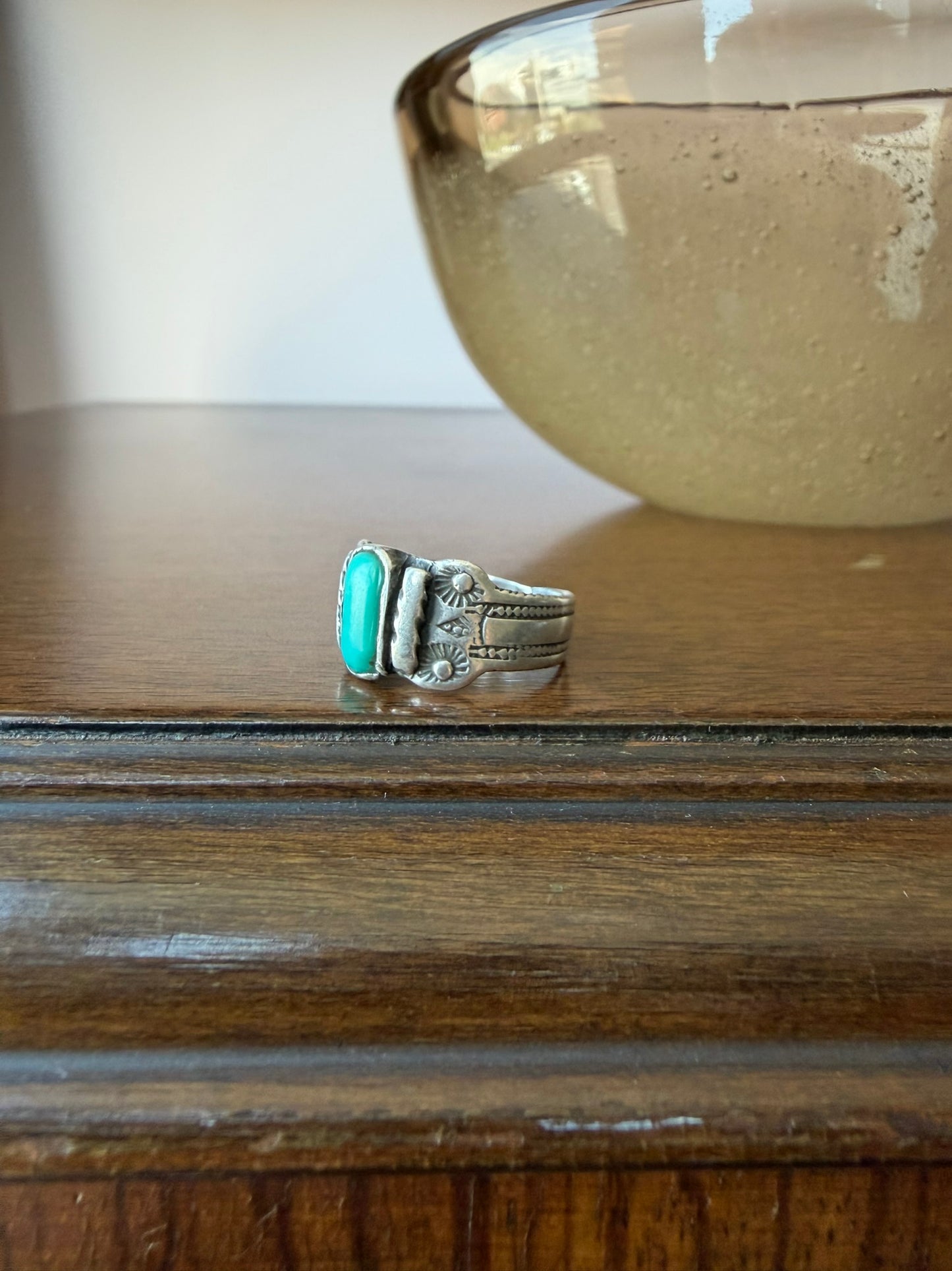 Navajo Silver Ring with Early Stamps and Turquoise